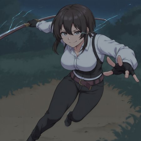 masterpiece, best quality, newest, absurdres, highres, dark, outdoors, night, closed mouth, smug, grin, looking at viewer, medium breasts, 1girl, solo,  <lora:Elna_Stongs_Illustrious-000010:1> estonggsslna, short hair, brown hair, sidelocks, hair between eyes, bangs, brown eyes, white shirt, dress shirt, underbust, black gloves, fingerless gloves, belt, black pants, black footwear, full body, incoming attack, dynamic pose, foreshortening, holding sword, eye trail, light trail