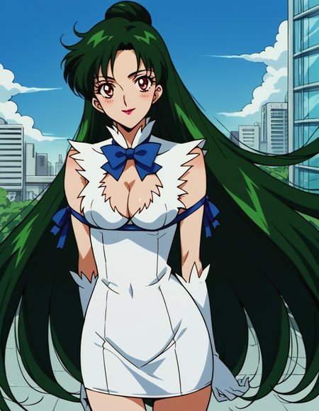 score_9, score_8_up, score_7_up, source_anime, <lora:setsuna-meiou-s3-ponyxl-lora-nochekaiser:1>, setsuna meiou, long hair, red eyes, very long hair, green hair, hair bun, single hair bun, maeup, lipstick,, <lora:hestia-cosplay-ponyxl-lora-nochekaiser:1>, hestiacosplay, hestia (danmachi) (cosplay), blue bow, blue bowtie, bow, bowtie, cleavage, cleavage cutout, clothing cutout, dress, gloves, pencil dress, rei no himo, short dress, white dress, white gloves, blue ribbon, arm ribbon,, outdoors, cityscape, street, smile, blush, , cowboy shot, dutch angle