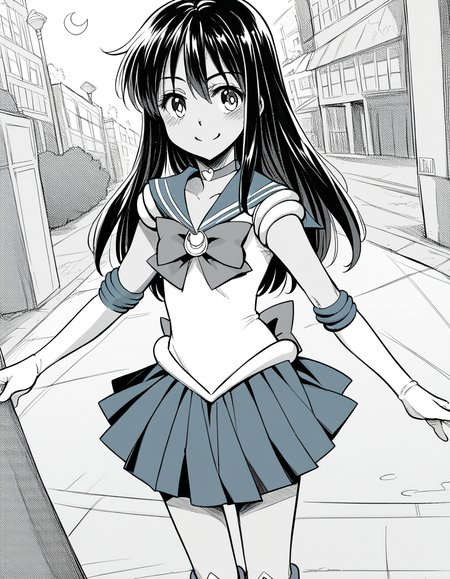 score_9, score_8_up, score_7_up, source_anime, sakiyoshida, <lora:saki-yoshida-manga-ponyxl-lora-nochekaiser:1>, saki yoshida, long hair, hair between eyes, monochrome, greyscale, black hair,, <lora:sailor-moon-cosplay-ponyxl-lora-nochekaiser:1>, sailormooncosplay, sailor moon \(cosplay\), back bow, blue sailor collar, blue skirt, boots, bow, brooch, choker, crescent moon, elbow gloves, gloves, jewelry, knee boots, magical girl, pleated skirt, red bow, red choker, ribbon, sailor collar, sailor senshi uniform, skirt, white gloves,,, outdoors, streets, smile, blush,, cowboy shot, dutch angle, solo,