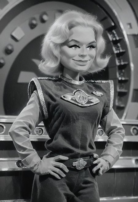 score_9_up, score_8_up, score_7_up, score_6_up, 1girl, solo, Venus_FXL5, short hair, uniform, boots, smile, hands on hips, on a spaceship, monochrome, greyscale, (realistic, painted art)