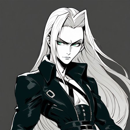 score_9, score_8_up, score_7_up, Expressiveh, upper body closeup, Sephiroth smirking condescendingly, holding a long sword, in an industrial city at night, dim street lighting, solo, beautiful, androgynous, flat chest, leather straps, broad shouldered, leather coat, smooth armor, monochrome, monochromatic, high contrast
