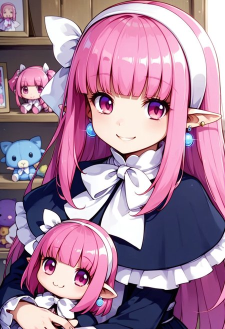 score_9, score_8_up, score_7_up,source_anime,long sleeve,black long dress,Slit in the center dress,pink hair,pink eyes,capelet,black Long boots,blunt bangs,long dress,earrings,white hair ribbon,white hairband,pointy ears,ribbon,solo,cheek,kind smile, love,oshaberikomugi,stuffed toy, indoor,room,