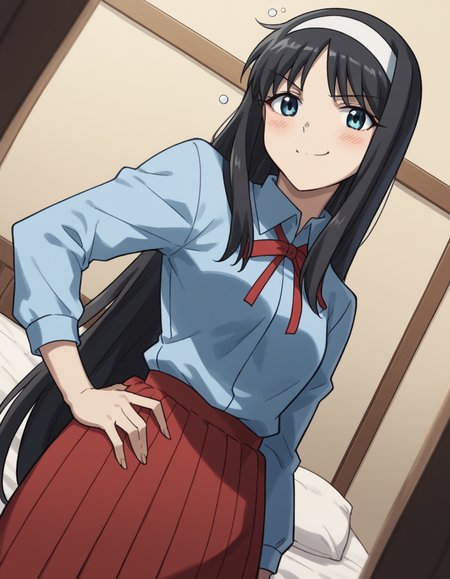 score_9, score_8_up, score_7_up, source_anime, <lora:carnivalphantasm-akiha-toono-ova-ponyxl-lora-nochekaiser:1>, akiha toono, tohno akiha, long hair, blue eyes, black hair, hairband, white hairband, medium breasts,, skirt, red skirt, long skirt, shirt, collared shirt, long sleeves, ribbon, red ribbon, blue shirt, indoors, bed, bed room, on side, blush, drunk,, smile, looking at viewer, smug, hand on hips,, solo,, dutch angle, cowboy shot