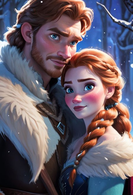 by Lois van Baarle,  1 female, anna from the movie frozen, auburn hair in two braids, 1 male, kristoff rom the movie frozen, couple, lovers,  axe, fur cape, garland of beads, night, moon, snow, blizzard, illustration, 2d, best quality, best facial detail