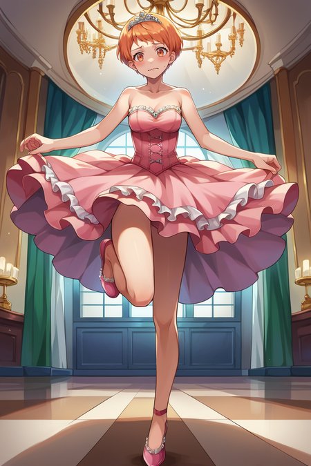 score_9, score_8_up, score_7_up, score_6_up, source_anime BREAK 1girl, solo <lora:leonie-pdxl-nvwls-v1-000005:0.9> defLeonie, short hair, orange hair, orange eyes, pink dress, frills, tutu, lace trim, ballet shoes, looking at you, blush, wavy mouth, crystal tiara, standing on one leg, indoors, ballroom, chandelier, corset, strapless