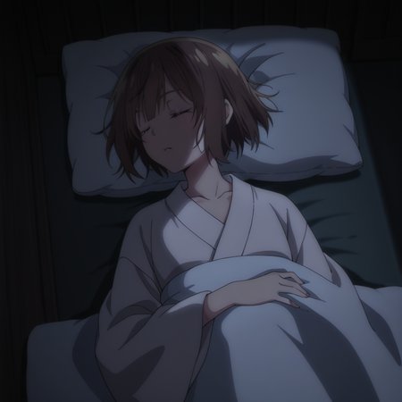 nsfw, masterpiece, best quality, 1girl, solo, seirei_gensouki_ruri,  japanese clothes, white kimono, pillow, brown hair, closed eyes, sleeping, short hair, lying, on back,parted lips, collarbone, long sleeves, under covers, dark, bangs, indoors, <lora:Ruri_-_Seirei_Gensouki:0.7>
