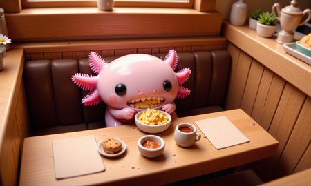 top down tilt shift image of tiny cute anthropomorphized axolotls with pink frilly gills and round black eyes,  high-angle view of a pink axolotl nestled in a cushioned booth of a cozy country cafÃ©, eating a small bowl of mac and cheese topped with breadcrumbs; its round black eyes are focused on its meal, and its frilly gills perk up with each bite; rustic touches like wooden beams, ceramic dishes, and a small vase of daisies decorate the table, while the tilt-shift effect softly blurs the surroundings of other tables and country decor, creating a charming, home-style dining experience<lora:Axomodel_Flux_V2.safetensors:1.0:1.0> <lora:isometric.safetensors:1:1>