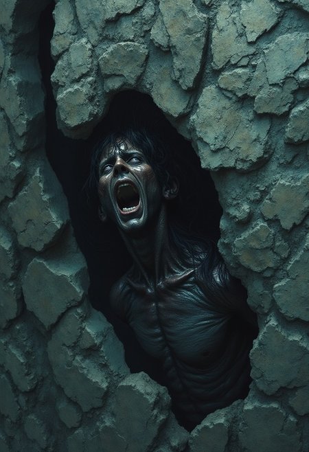 score_9_up, score_8_up, score_7_up, sideview, highly detailed, we see a rockface, a humanoid creature is merging from the rock, screaming, only the upper body visible yet, dark mood, wet stone, full body