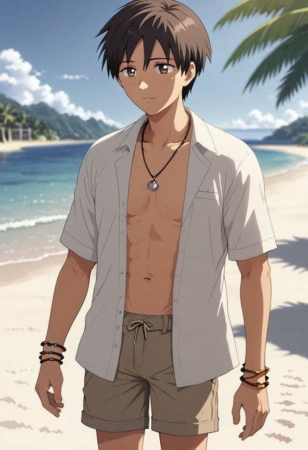 high resolution, solo, best quality, 1Boy, Takaki Toono, Brownish Hair, Brown Eyes, shallow depth of field, beach, open shirt, shorts, sixpack, necklace, bracelet, coconut tree, OverallDetail