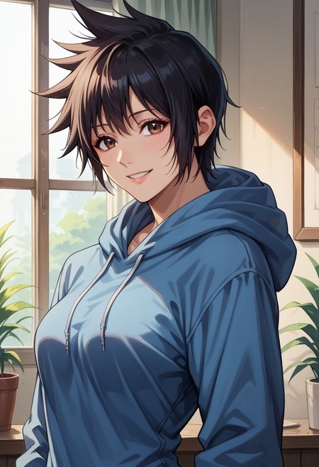anime artwork, score_9, score_8_up, score_7_up, score_6_up, score_5_up, solo, perfect eyes, detailed eyes, beautiful female, detailed face, dynamics lines, 20 year old, perfect beautiful face, long eyelashes, sharp eyes pupils, (room:1.3), (upper body:1.5), medium breasts, 1girl, black hair, short hair, spiked hair, bangs,  brown eyes, blue hoodie, smile