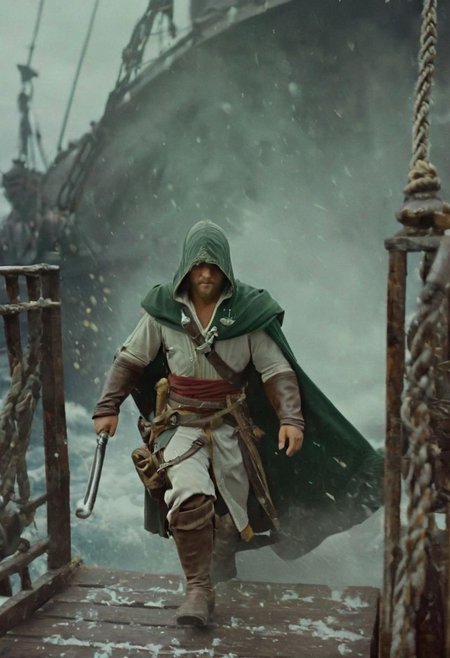 Dunken Fist, high kick, fight stance, Link from zelda resembling Obi-wan Kenobi dressed like Haytham Kenway in a hat and green cloak ,Standing on a galley amidst a seafight, He walks down the stairs of the bridge on a huge galley during a fiery sea battle. Close-up of his relaxed, determined expression as the ship virtually explodes around him, splinters of wood and sparks flying around, flying Wood and particles, looking at Viewer, marine theme,  ethereal, atmospheric haze, Film grain, cinematic film still, shallow depth of field, highly detailed, high budget, cinemascope, moody, epic, OverallDetail, gorgeous, 2000s vintage RAW photo, photorealistic, candid camera, color graded cinematic, atmospheric lighting, skin pores, imperfections, natural, shallow dof,