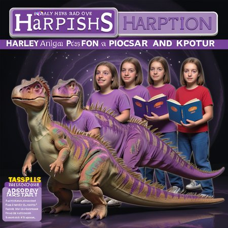 <lora:Animorph_-_pony:1> animorph, girl, morph, barney((purple, dinosaur, kids show)), left to right transformation, multiple people, 5 stage transformation, gradual transformation,  book cover,