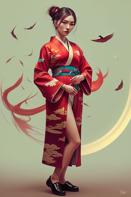 a woman in a red kimono, dope style