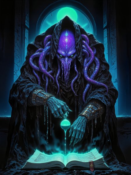 famous masterwork fantasy artwork, hyper-realistic, photo-realistic, ultra detailed, high resolution, uhd, 8k, 4k, epic, very aesthetic, dramatic, accurate, at night, dim lighting, is this the beginning or the end? your fate's in the palm of my hands, betwixt the light and the void within the heart of the front, beyond the reaches of god, smothered in triumph and loss, alas, the nightmare nears its end, as the hourglass drains of its sand, betwixt the light and the void, beyond the reaches of god, i am worthy of the conquering of all, shadowy wraith, unspeakable horror, gothic architecture, tentacled horror, formless nightmare, flesh-bound grimoire, the color palette is predominantly indigo purple and obsidian black and mint green and navy blue, lovecraftian, cthulhu mythos, r3alisticf, ne0nfant4sy, midjourney_whisper_avant_couture, <lora:style-luis_royo-flux-by_tosave:0.8> <lora:style-mythic_fantasy-realistic-flux-by_velvets:0.8> <lora:style-neon_fantasy-flux-by_neowave:0.4> <lora:epic_gorgeous_details-balance-flux-by_flyway:0.4> <lora:midjourney_whisper_avant_couture-flux-by_aihonobono2023:0.4>