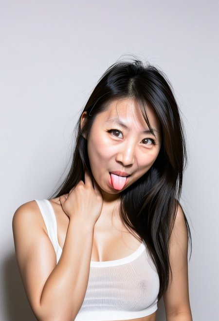 sh3lly, woman, asian, raver clothes, RAW photo, 8k uhd, dslr, soft lighting, film grain, Fujifilm XT3, ((hetero)), , upper body photo, cheekytongue, happy, sexy