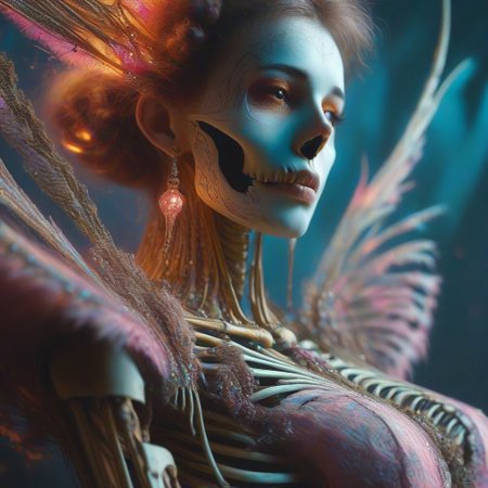 Intricately detailed skeleton voodoo woman,  Vibrant earthen color scheme, masterpiece, best quality, ultra detailed, hires, 8k uhd, cinematic lighting