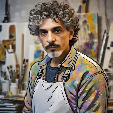 cartophoto studio photo of a man painter artist with curly hair in a painting studio, very detailed, highly detailed <lora:cartophoto:1>