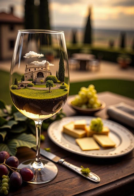 A close up detailed photo of a wine glass siting on a rustic table at a farmhouse in Tuscany, inside of the wine glass is another world and a miniature vineyard and Tuscan villa, on the table next to the glass are some grapes an ornate plate a knife a cloth napkin and some cheese, aidmaHyperrealism, <lora:aidmaHyperrealismv0.3:0.8> <lora:FluxDFaeTasticDetails:0.8>