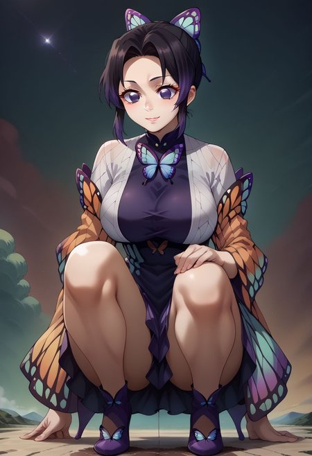 score_9, score_8_up, source_anime, BREAK 1girl, masterpiece, best quality, 1girl, shinobu kochou, animal print, black hair, butterfly, butterfly hair ornament, butterfly print, forehead, gradient hair, hair ornament, haori, multicolored hair, parted bangs, purple hair, short hair, two-tone hair, purple butterfly dress, full black legging, full black tights, purple designer high heels, big breasts, squeezing her breasts, squatting in space, holding the earth in the hand, giantess full body shots, giantess, giant, goddess, size difference, slight smile, blushing, growing bigger, long skinny legs, Galaxy, perfect arms, perfect hands, perfect face, perfect legs, perfect thighs, perfect feet, perfect eyes