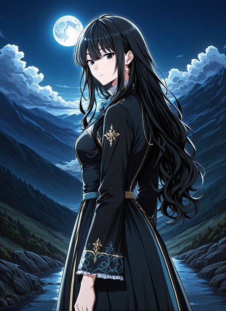 <lora:Kathyln_Glayder__The_Beginning_After_the_End__Illustrious-000009:1>
1 girl, solo, black eyes, brwon eyes, very long hair, black hair, bangs, wavy hair, ahoge, hair between eyes,
black dress, long dress, blue bowtie, black thighhighs, long sleeves, frills, earrings, jewelry, star earrings,
score_9, score_8_up, score_7_up, source anime, BREAK, cowboy shot, (from side), looking back, looking at viewer, overlooking mountain, high altitude, scenery, exterior, background, looking at viewer, night, blue moon, <lora:iLLMythG0thicL1nes:1>