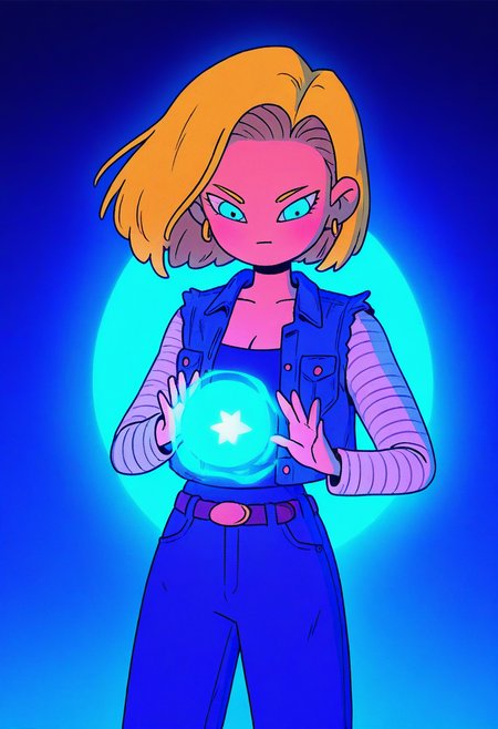 x3t4, masterpiece, cartoon,   best quality, detailed,  solo,   cute,   1girl,  android 18,  blonde,  denim vest, holding blue energy ball, neon hue, medium shot, cleavage,