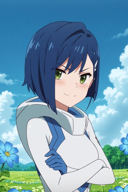  ichigo,1girl,solo,short hair,bodysuit,pilot suit,white_bodysuit,gloves,,hair ornament,hairclip,looking at viewer,smirk,crossed arms,from_side,close-up BREAK outdoors,blue sky,cloudy_sky,blue flower,tree with blue flowers,flower field  <lora:Ichigo_-_Darling_in_the_franxx.safetensors:0.8> <lora:detailed_backgrounds_v2.safetensors:0.5>