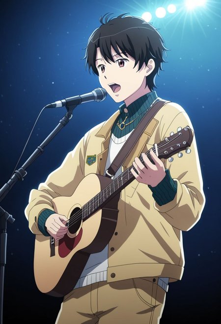 high resolution, solo, best quality, 1Boy, Inaho Kaizuka, Black Hair, Brown Eyes, singing, potrait, dept of field, virtual concert, playing musical instrument, necklace, bracelet, sneakers, OverallDetail