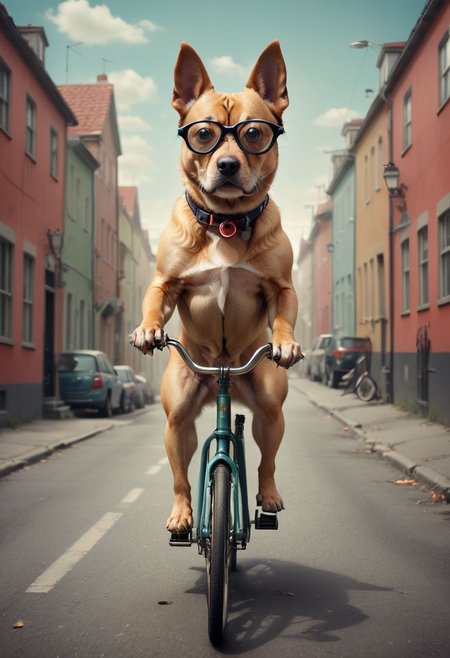 Dog riding a bicycle, surreal