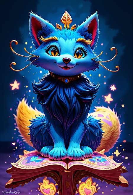 Score_9, Score_8_up, Score_7_up, Detailed draw, feral, animal, quadruped, wonderful, anthro, biped, no humans, (yuumi-default:1.5), blue fur, chest tuft, yellow whiskers, cute kitty pose (sitting on riding book:1.2), blonde eyebrows, headgear, necklace, yellow tail tip, cute,lick paw, cute lovely hearts detail, adorable, fur on legs, fur on paws, kiddy, nice,  cuddly, sitting, huge body, riding book, (floating object riding book:1.5), magic spells around book, floating object, kitty paws, (fluffy fur body:1.5), big cute eyes, looking at the viewer, happy eyes, long fur, two toned fur, yellow eyes, slit eyes, cute fangs, ng_deepnegative_v1_75t, (cute and pretty:luminescent paints, phosphorus paints, glows at night, paint splash), more detail fur and visual, warm color, vibrant colour, skydrome, disney style,