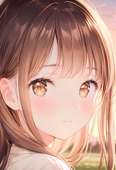 <lora:Animagine_Style7371221586FT_LoCon_D32:1>, 1girl, solo, blush, brown hair, long hair, looking at viewer, closed mouth, close-up, day, sky, dusk, depth of field, rim light, background light, lawn