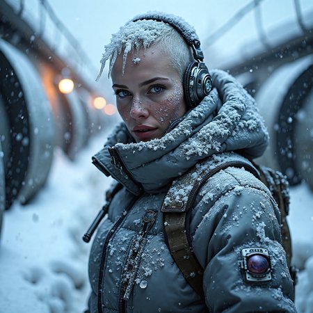 frostpunk style weathered female  (covered in snow, frost, and/or icicles), bald, eyes, wearing a steel gray insulated jumpsuit, heavy duty cryo boots, bionic eye, set in  an underground bunker where supplies are dwindling, and tensions are running high. , at dusk,,   <lora:flux_trainer/frostPunk_v1.1>, <lora:scifi/moxiePunk_v3S.safetensors:1.0>,