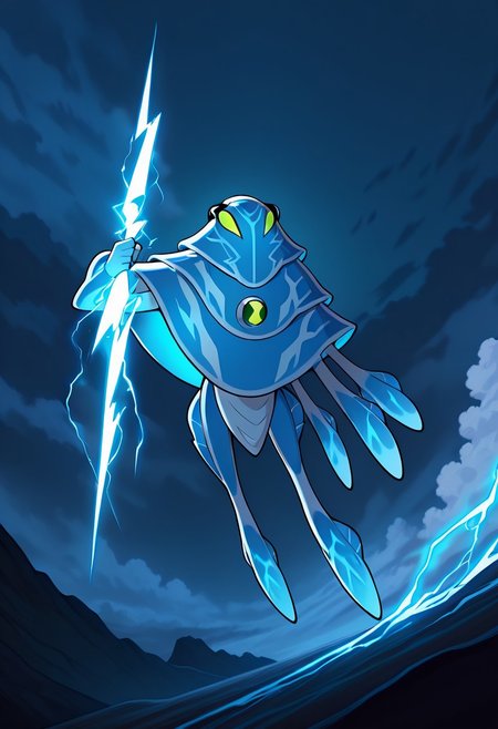 masterpiece, best quality, amazing quality, very aesthetic, absurdres, newest,, detailed background, 
 ampfibian, full body, pokemon (creature), no humans, colored sclera, green eyes, blue skin, tentacles, extra eyes, colored skin, squid, jellyfish,   no mouth, 
HoldingZeusThunderBolt, holding lightning , clouds,