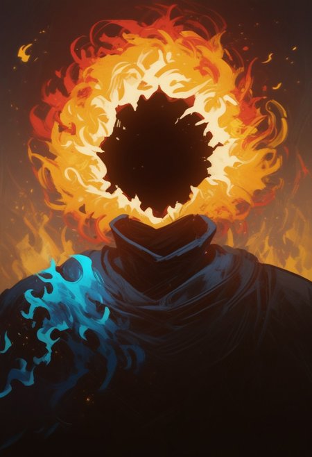 score_9, score_8_up, score_8, score_7_up, score_7, score_6_up, score_6, score_5_up, Score_5, lord_of_frenzy, headless, novakin, (faceless, no eyes, no mouth, no nose, no facial features:1.3), (short fiery blue purple hair, body made of black plasma:1.2), (blue flames:1.8), black robes,  vox machine style, 1boy, male focus, solo, portrait, dark foreboding background, fantasy, (dynamic lighting:1.1) ((masterpiece))