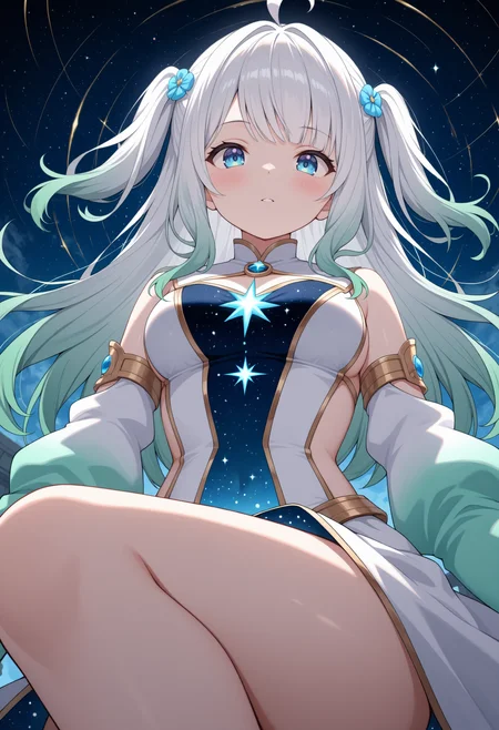 general, masterpiece, best quality, 1girl, solo, BREAK
otherworldly starfield, swirling nebula backdrop, cosmic palace ruins, mid-air dynamic leap with graceful twisting pose, luminous astral gown with cascading galaxy patterns and shimmering star accents, high collar & delicate silky sleeves flowing, serene yet determined expression, cinematic cosmic lighting, medium close-up, slightly low angle, ultra detailed
BREAK
<lora:Mint Fantome:1> blue eyes, gradient hair, white hair, green hair, ahoge, hitaikakushi, medium breasts,
mintfantome
long hair, two side up,