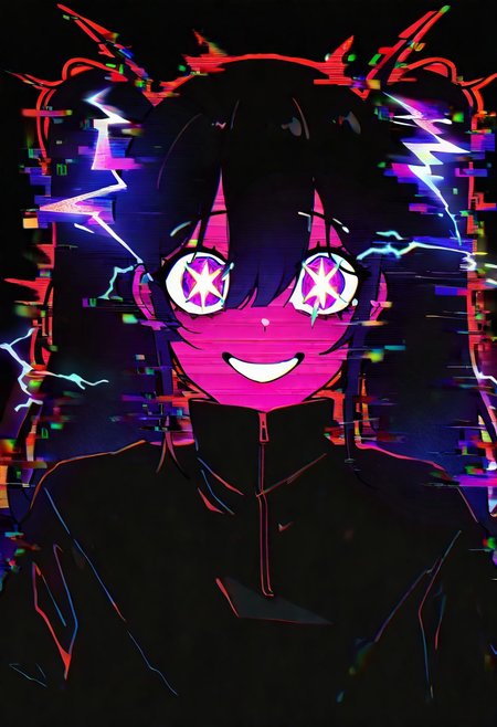 1girl, solo, yandere, twin tails, army fashion, thunder bolt, lightning bolt, electricity in eyes, sparkle, glitch, 
extremely detailed, masterpiece,best quality,very aesthetic, absurdres, newest,