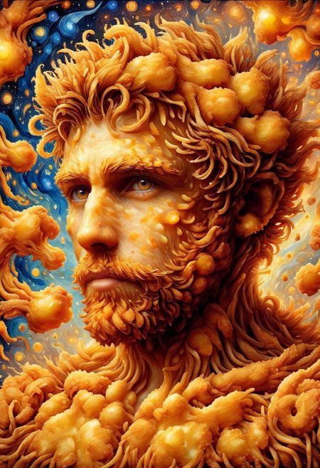 Van Gogh's painting Starry Night made of deep fried & crispy breading, Deep-Fried & Crispy Style. detail