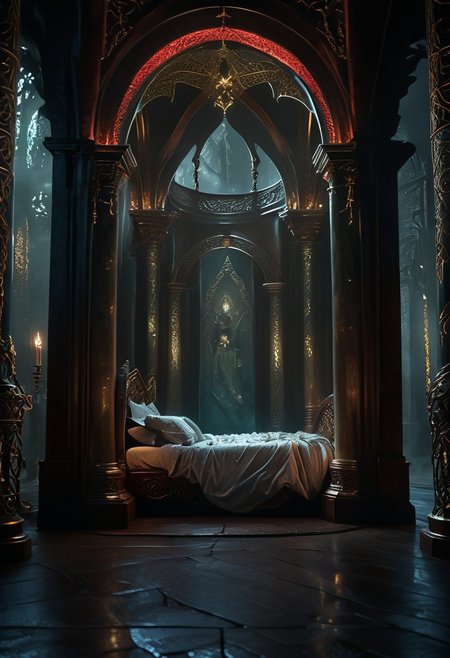 hkmagic detailed wide shot, low angle, wide shot, a celtic princesse of extraordinary beauty Eerie reality, her body covered by celtic runes bioluminescent tatoos glowing with power and magic, lying on a luxury fantasy bed in a room illuminated by candles, her body visible through a transparent golden veil covering the baldaquin bed, the bed culumns are spiraling sculppted dragon made of ivory and dark wood, red hair, naked,, mist, ciaroscuro, 8k cinematic shot,  Intricate, High Detail, Sharp focus, dramatic, colorful details, intricate details,hyper realistic, ultra detailed,  volumetric lighting, 8k post-production, Chiaroscuro Lighting Style, elven architecture