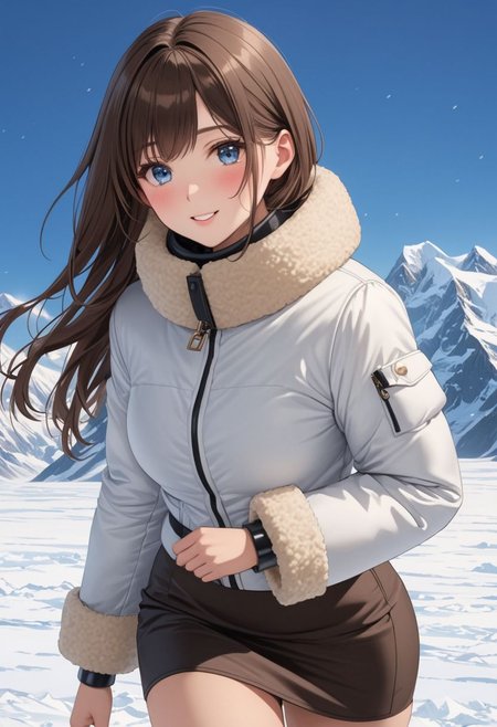 ((((white Oversized shearling down jacket)))), ((((white Oversized shearling puffer jacket)))), ((((white Oversized shearling winter clothes)))), ((((very very cold, in cold)))), ((((semi-realistic)))), ((((puffer hood)))), ((medium knee office skirt, pantyhose, boots)), ((((full body)))), ((sharp eyelid, eyeliner, eyelashes, beautiful detailed eyes, tsurime, long messy brown hair, blue eyes, perfect anatomy)), detailed fingers, solo, smile, standing, icefield, ((((masterpiece)))), ((((best quality)))), ((intricate details)), RAW, 8K UHD, (1girl), office lady, detailed face, beautiful face, charming, bonny, (((blush))), (((heavy breathing))), (((feels orgasm))), wind, (Thick padded collar:1.4), (TSH:1.4), (Thick padded cuffs:1.4)