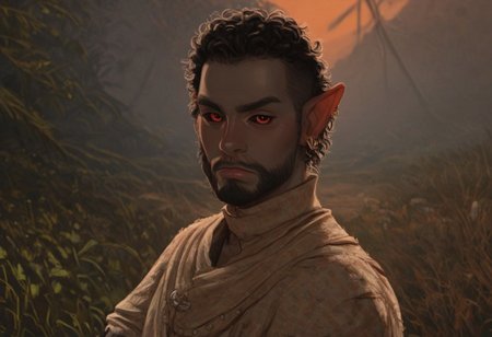 solo, short pointy ears, full body, piercings, random elf face, aquiline features, male dark elf, masculine, facial hair, brow rings, beaded piercings, weathered skin, blue-grey skin, chiseled features, large nose, insect chitin armor, insect chitin helmet, insect chitin ornaments, stylized insect pattern, athletic build,  animated realism, zoomed out, Syrian features, torso, yurts, tents, native camp, elegant berber tapestries, dead desert trees, ash dunes, distant volcano, ashy soil, grey green foliage, distant grey hills, sunrise, gloomy lighting, grey fabric awnings, dark wood posts, light dust clouds, grey-blue skin, grey skin, mahogany and ivory clothes, medium armor, bone plate armor, ivory straps and fittings, alien bone ornaments, grey wood neckguard, dark red sclera, black pupils, blue-green light, neon, highly detailed, defined features, looking at viewer, three quarters view, from side, dynamic lighting, 29 years old, light and shadows, patterned cloth, annoyed expression, expressive eyes, detailed medieval clothes, short hair, wavy hair, thick hair, beaded hair, braided hair, under cut hair, semirealistic, alien elf, spanish features, jewish features, black hair, dark red hair, umber skin, sharp features, pastel green inuit print cloak, nighttime, high detail, absurdres, pretty eyes, detailed eyes, red eyes,