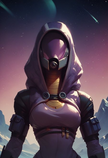 score_9, score_8_up, score_7_up, score_6_up,  
1girl,  HD, solo, tali, (tali'zorah), helmet, no face, 
front view, waist up, salute, 
space background, mountain, stars, aurora