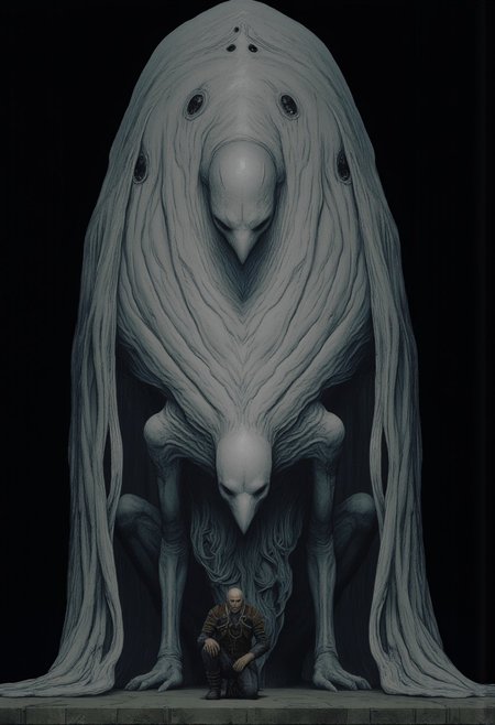 closeup of a man kneeling in front of a Monster Boss resembling an ethereal three-eyed raven
Set against a solid dark black color background to emphasize its unsettling unnatural form that emphasizes its silhouette. The medium is not a traditional painting or illustrative medium like watercolor or ink but rather a digital 3D rendering.
MikeFranchinastyle, d4artstyle, d4concept, , bbstyle,, horror theme,, zbrush, ZBClay model of a gray sculpture, 1990's, 1990's style