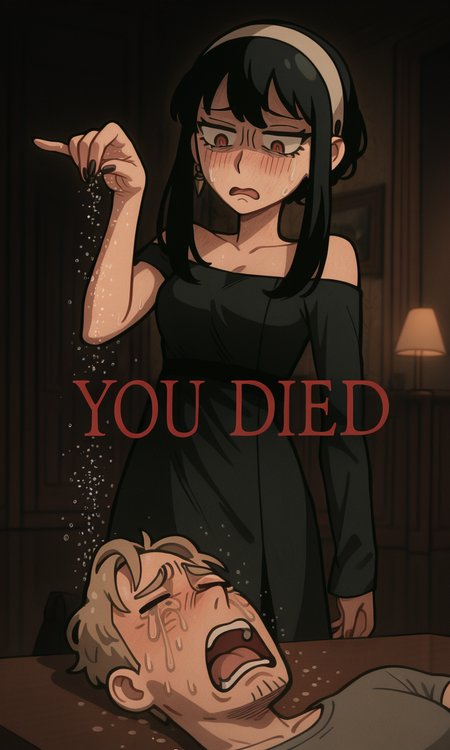 embedding:IllusP0s, you died, defeat, text, wwafr, sprinkling salt, yor briar, embarrassed, 1girl, 1boy, twilight_\(spy x family\), open mouth, crying, contrast lighting, indoors, dark room, standing, laying,<lora:sprinkling salt_illustrious.safetensors:1.0:1.0> <lora:wwafr-10.safetensors:1:1> <lora:you died_illustrious.safetensors:1:1>