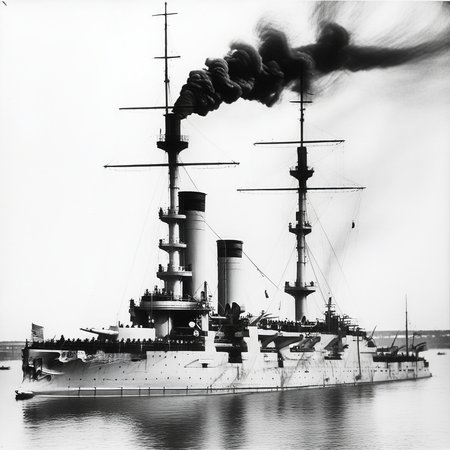 whith white smokestacks with a dark detail on top. Black and White photograph. The ship is viewed from a 3/4 perspective, black and white photograph. NEarly broadside photograph. The bow points to the left., sailing to the viewer with the bow to the left., Battleship Oslyabya at bay, sailing to the viewer with the bow slightly to the left. smoke is visible from the smokestacks, ship, whith white superstructure, ocean, Sailors on deck, scenery, military, sailing to the viewer with the bow slightly to the left., battleship gangut sailing at sea