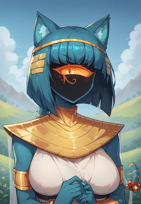 score_9,score_8_up,score_7_up, ultra quality, 1girl, Nyanlathotep, anthro, feline, bobcut, blue skin, blue hair, single eye, shadowed face, mouthless, animal ears, tail on head, cat tail, jingle bells, usekh collar, bracelet, egyptian clothes, striped, upper body, looking at viewer, green lush background, sky
