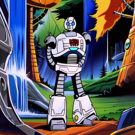 Roz(character), robot, female, Full body, arms behind back woods, waterfall, trees, in the forest, Solo, Transformers, animation, ,<lora:Transformers 86 FT:1>