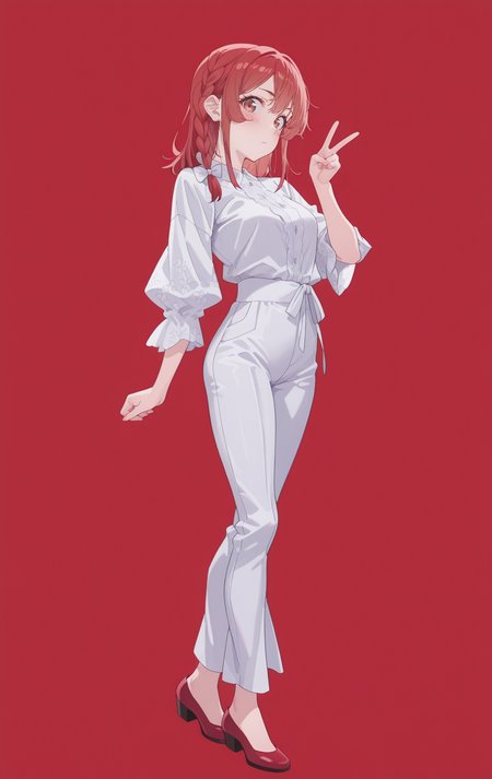 masterpiece,best quality,newest,absurdres,highres,
front view,full_shot,Mischief,looking_at_viewer,
<lora:SakurasawaSumiCYQL:1>,SakurasawaSumiCYQL,1girl,solo,red hair,braid,single braid,hair bow,brown eyes,blush,Wide-leg pants, silk blouse, pointed-toe flats,
full body,standing,v,,
red background,simple background,
<lora:ponyv4_noob1_2_adamW:0.6>,<lora:spo_sdxl_10ep_4k-data_lora_webui:0.6>,<lora:USNR STYLE_XL_loha:0.45>,<lora:HG2512 by CYQL:0.9>,HG2512,usnr,,