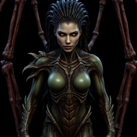 aidmafluxpro1.1, aidmarealisticskin, The image is a photograph of a female humanoid alien figure, likely a movie poster. The creature has an elongated, humanoid body with a female, muscular, athletic build. Its skin is a blend of dark green and reddish tones, with a scaly, textured surface that suggests a reptilian or insectoid origin. The creature's face is striking, with sharp, angular features, glowing yellow eyes, and a mouth filled with sharp teeth.