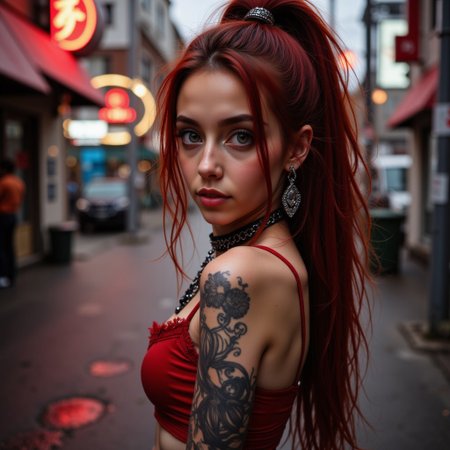 This picture is of an 18 year old pale skinned european LiviaFerreira woman who has very pretty petite facial features and very long red wavy hair in high pony tail. She has several body piercings including ears, nose and belly button. She has heavily stylised body tattoos on her arms and legs. She has a flat chest and petite skinny body shape with wide hips and slightly thick thighs and small feet and hands, her eyes are piercing green and the iris detail is visible.
The setting is a post apocalypse city street with red neon japanese signage steam and smoke rise from a drain the atmosphere is close and heavy, there are sky scrapers in background the sky is inky and dark. 
She is wearing red gothic skimpy top with lace and chain detail.
This is a super close up of her face with the camera focus on her green detailed eyes.