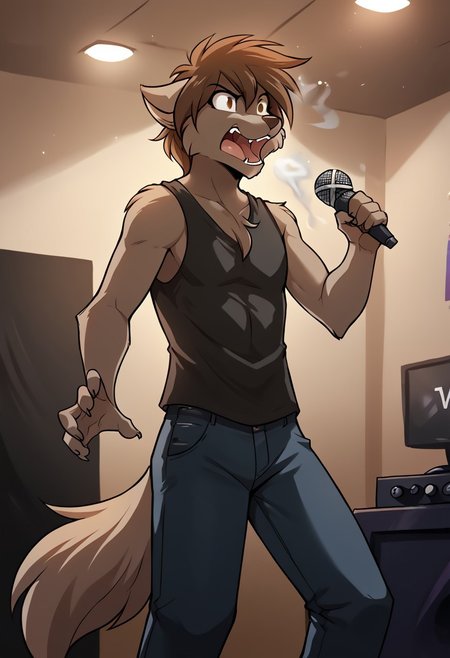 score_9, score_8_up, score_7_up,score_6_up,score_5_up, source_furry
BREAK
solo, furry male anthro, medium hair, flat chest, (Mouth open, screaming), mohawk, black sleeveless T-shirt, black jeans, (indoors, standing, on stage, light show, smoke), Microphone, microphone in hand, shouting into the microphone
BREAK
<lora:Zen-Twokinds-SDXL-AnonTK-V1:0.85>, zen-twokinds, keidran, wolf tail, <lora:p:0.35>