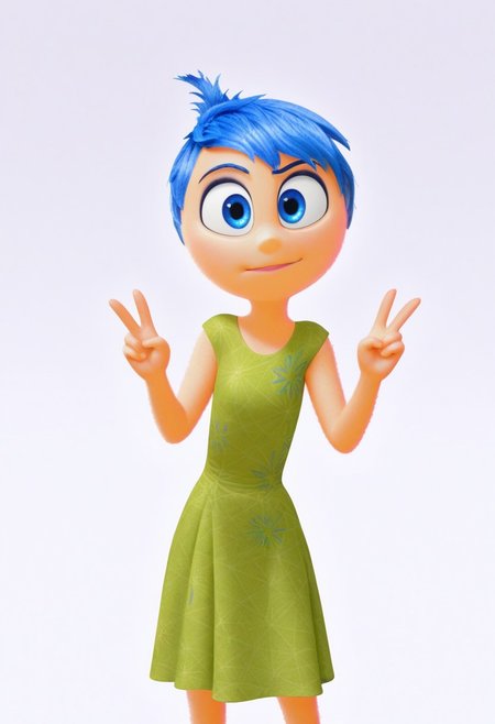 solo, joyemotion, looking at viewer, green dress, peace sign, blank background